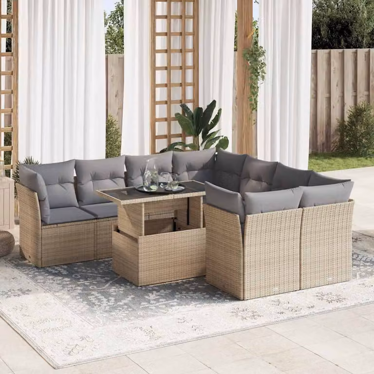 Set Divano da Giardino vidaXL 9 Pezzi a Forma di L con Tavolino e Cuscini Beige e Grigio in Polyrattan e Metallo