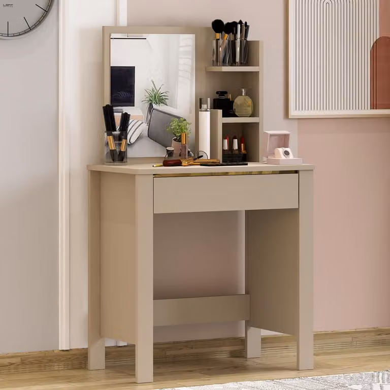 Homidea GUPSE: Tavolino da trucco con specchio e cassetto – Moderno tavolino da toeletta per camere da letto e camere dei ragazzi – 72 x 40 x 124 cm – Beige
