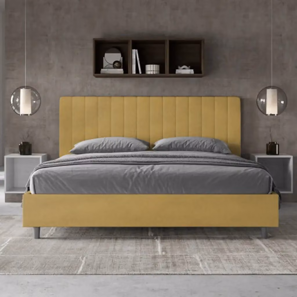 Letto matrimoniale king size Agueda Ityhome con rete imbottita in microfibra colore giallo L/P: 200 x 200 cm – 2