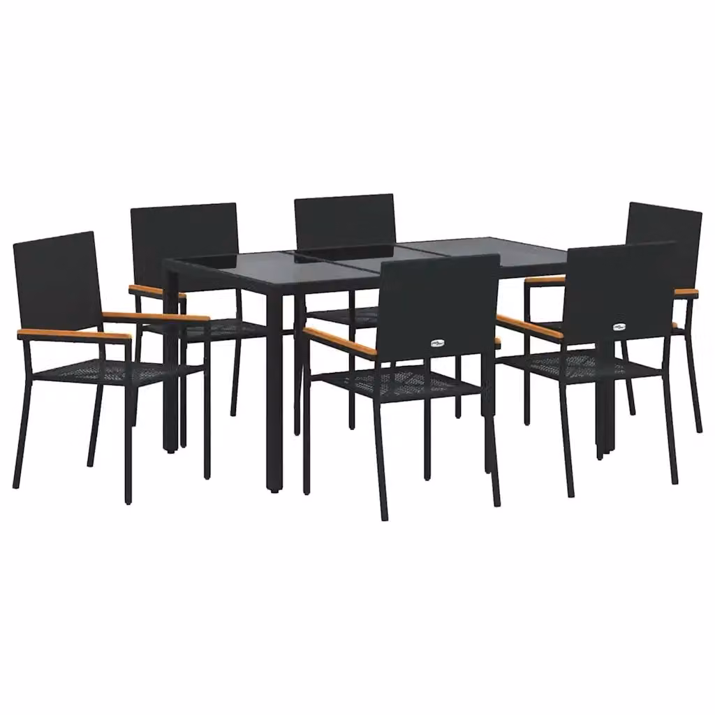 Set da pranzo per giardino vidaXL in polyrattan e legno di acacia nero e marrone con tavolo in vetro per 7 persone – 2