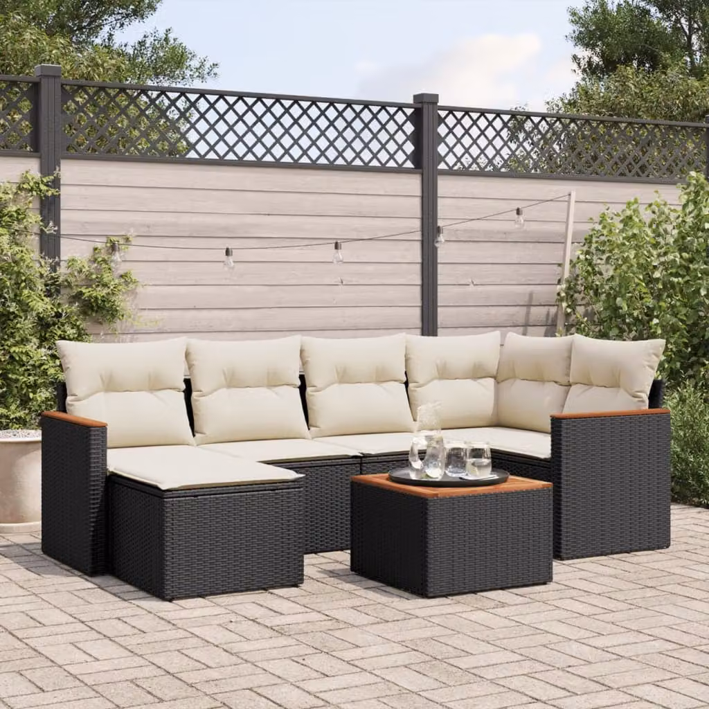vidaXL Set Divani da Giardino a L con Cuscini 7pz Nero e Bianco in Polyrattan e Acciaio – 1