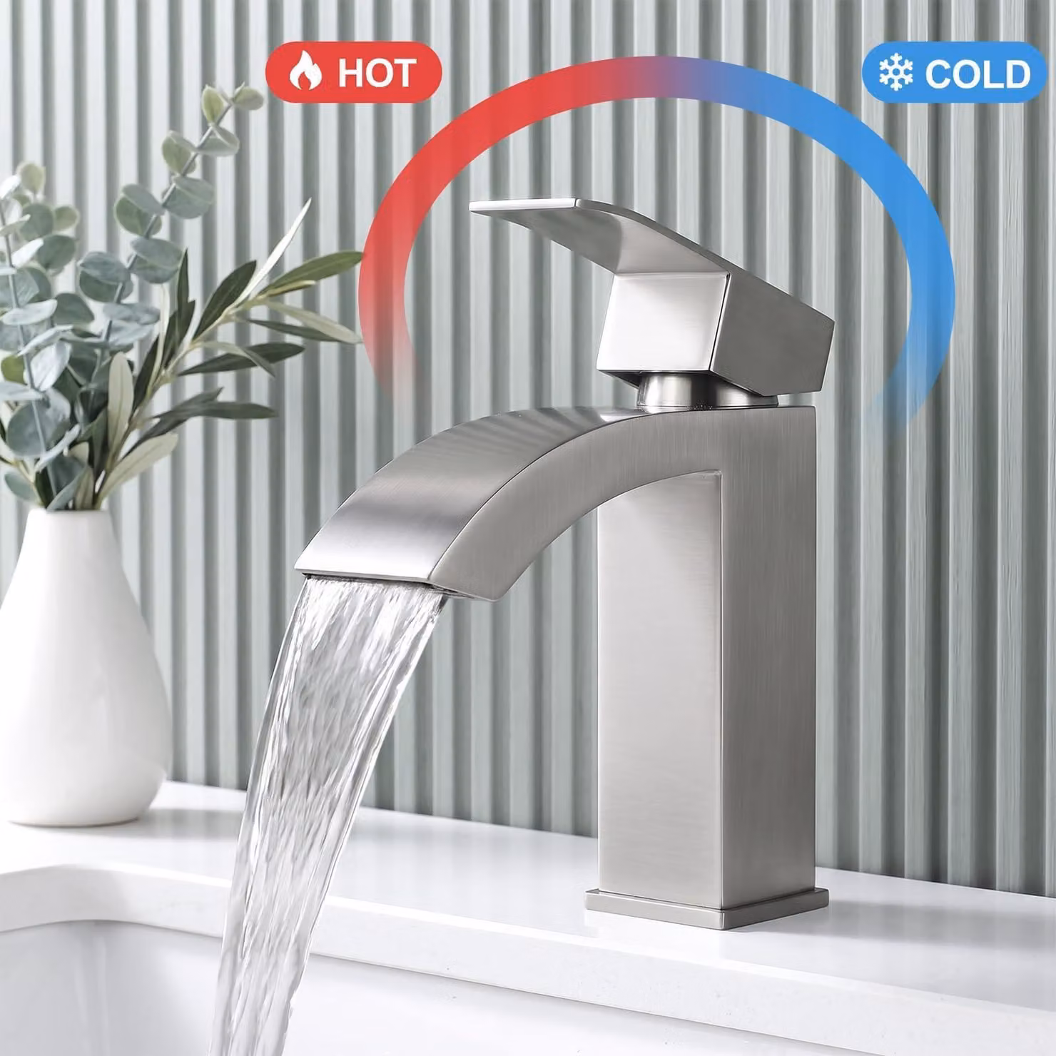 Rubinetto con bocchetta a cascata, lavabo in acciaio inossidabile 304 spazzolato, con due maniglie