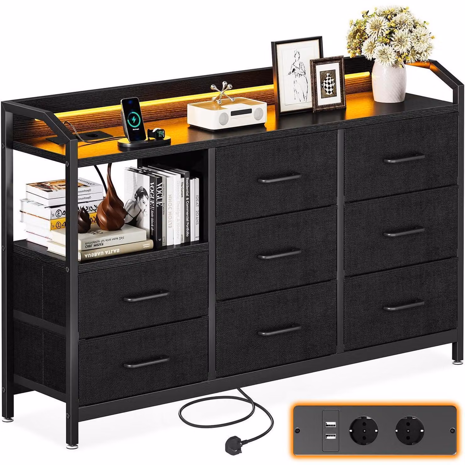 Comodino con 8 cassetti rivestiti in tessuto, strisce LED, 2 prese USB e 2 prese di corrente, dimensioni 110x30x88 cm, colore nero