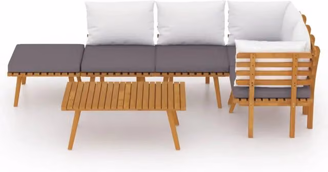 Set di mobili da giardino a forma di L composto da 6 pezzi in legno massello di acacia con cuscini grigi e bianchi per esterno