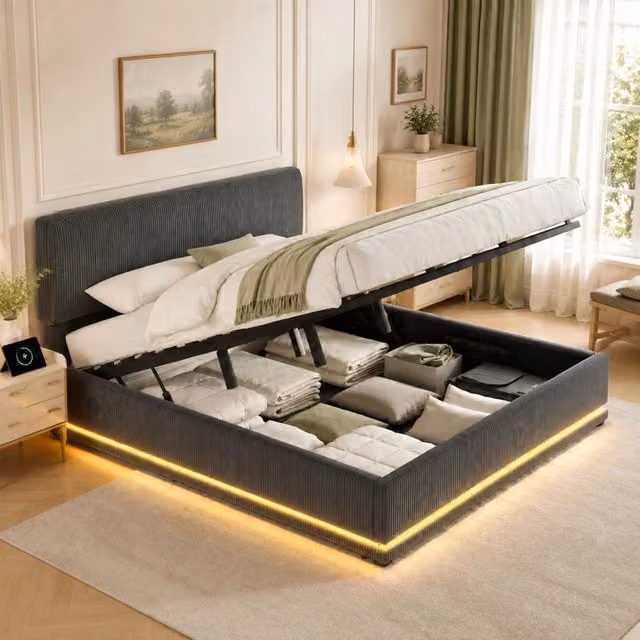 Letto imbottito 180x200 cm con LED; USB-C; testiera regolabile e vano portaoggetti; grigio scuro
