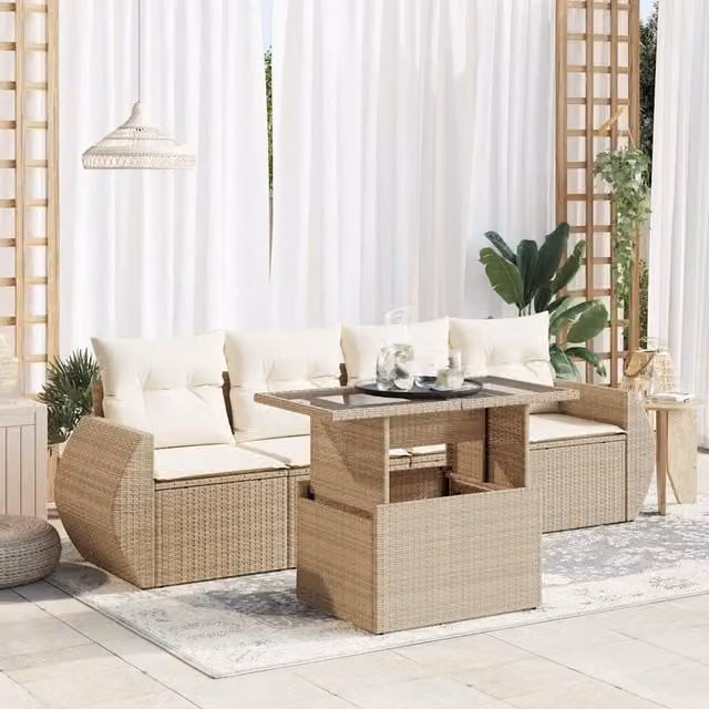 Set Divano da Giardino 5 Pezzi vidaXL con Cuscini Beige e Tavolino in Polyrattan e Metallo