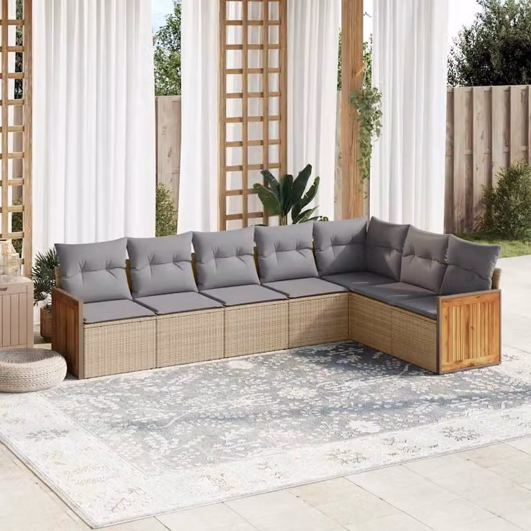 vidaXL Set Divani da Giardino 7 pz a L con Cuscini Beige e Struttura in Legno di Acacia e Metallo