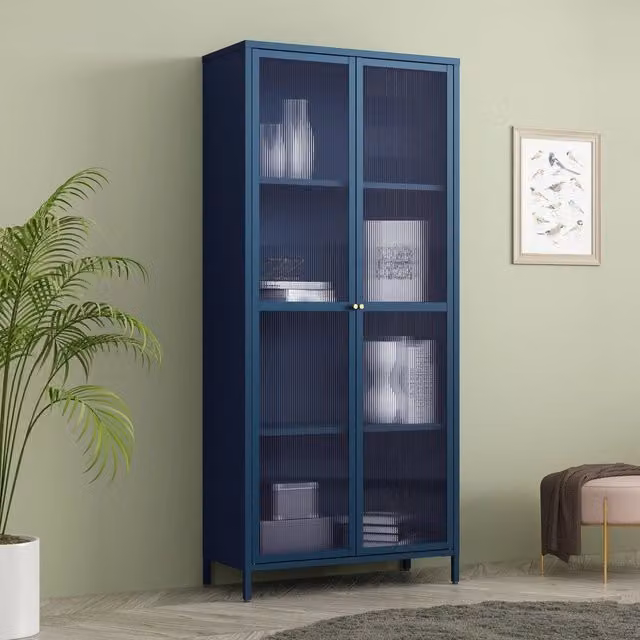 Armadio a vetrata Säkylä en.casa con 4 scomparti in metallo e vetro, Blu Marino, H 180 x L 80 x P 35 cm