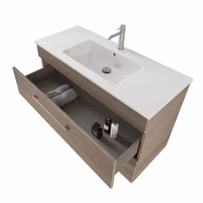 Mobile bagno sospeso moderno con lavabo e specchio LED marrone legno L: 100 cm, P: 43 cm, H: 53,5 cm – 2