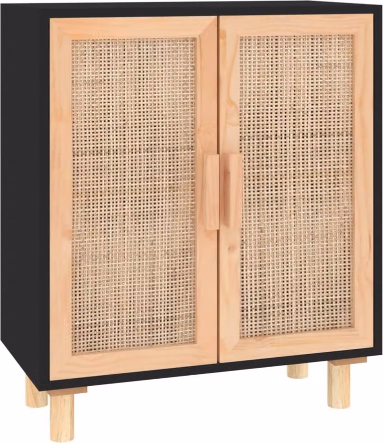 Credenza Nera 60x30x70 cm Legno Massello Pino e Rattan Naturale