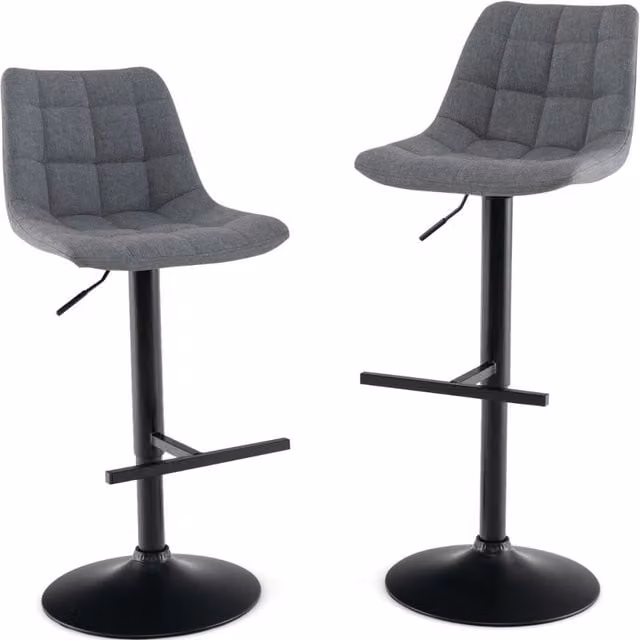 Set di 2 sgabelli da bar Design Mania regolabili in altezza, seduta e schienale imbottiti in tessuto grigio con base girevole a 360 gradi in metallo opaco – 1