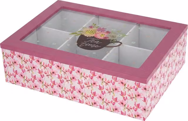 Scatola per tè con 6 scomparti e decorazione floreale, colore rosa, L: 24 cm, P: 17 cm, H: 7 cm – 1