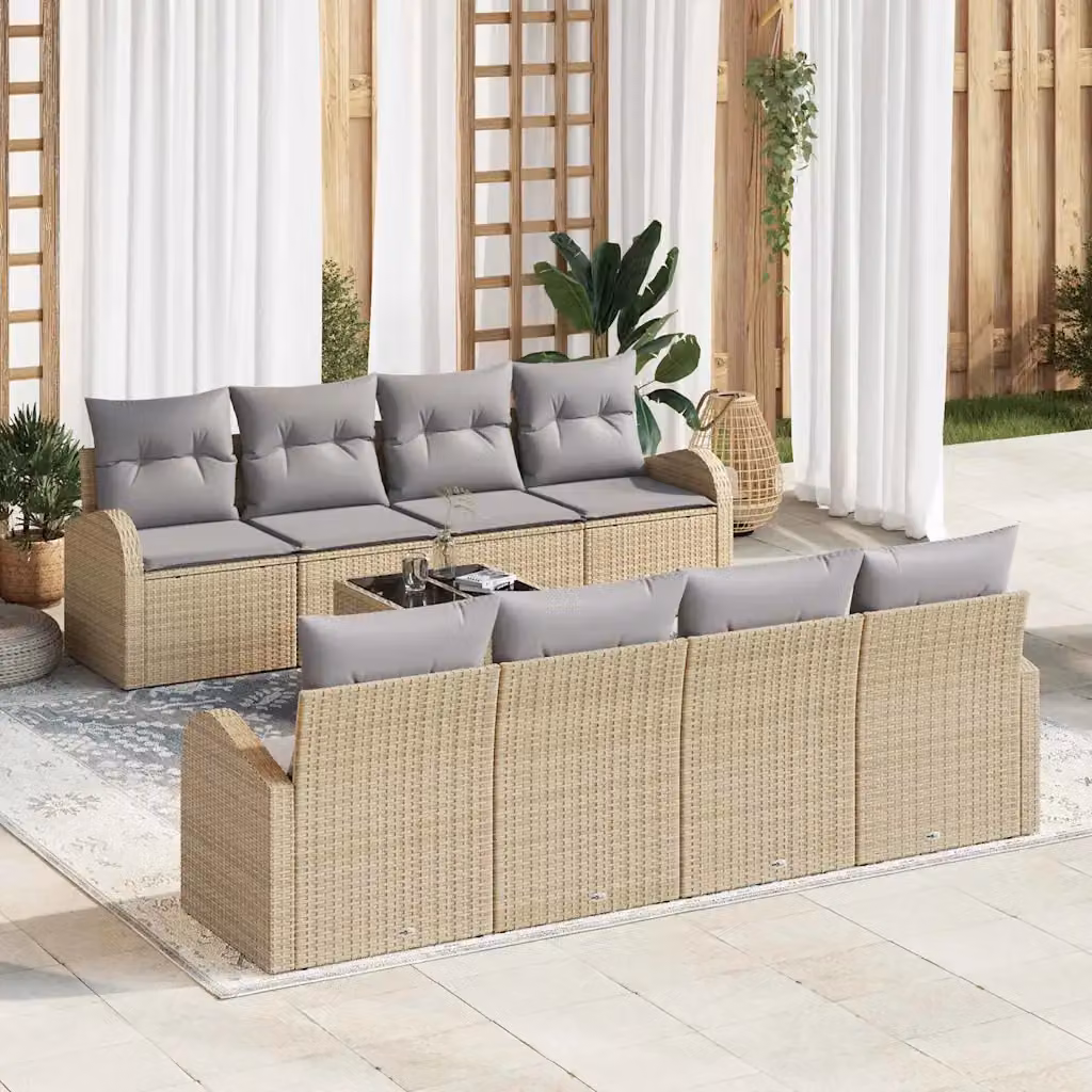 Set Divano da Giardino vidaXL 9 Pezzi in Polyrattan Beige con Cuscini e Tavolino da Caffè
