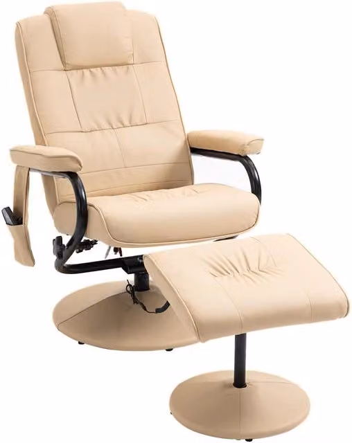 POLTRONA RELAX CON POUF POGGIAPIEDI RECLINABILE A 145° CON 10 PUNTI MASSAGGIO E TELECOMANDO IN FINTA PELLE CREMA