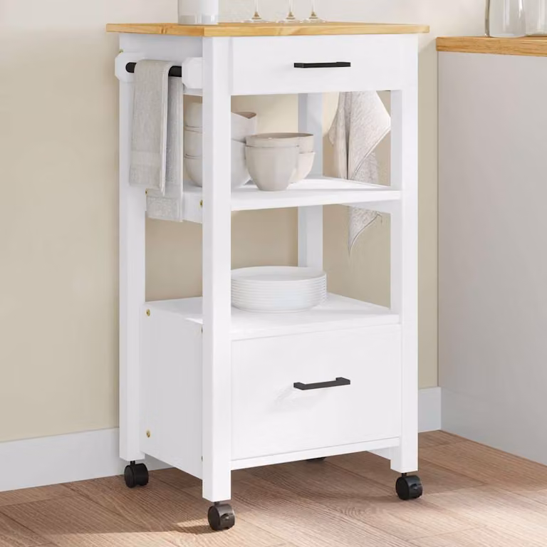 vidaXL Carrello da Cucina MONZA in Legno di Pino e Metallo, Bianco, L/P/H: 48 x 40 x 88,5 cm
