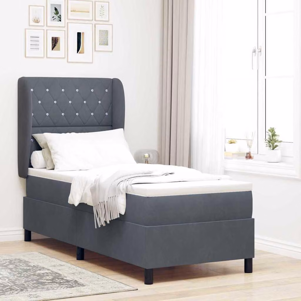 Letto a molle con cuscini, colore grigio scuro, 200 x 80 cm, rivestito in velluto