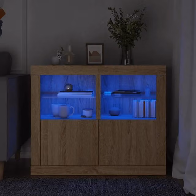 Set di 2 armadietti a parete vidaXL con luci LED integrate in legno e vetro, colore rovere marrone opaco