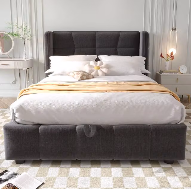 Letto singolo 90x200 cm grigio con contenitore, testiera in tessuto e metallo, senza materasso