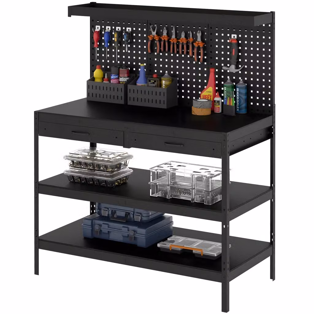 Scrivania da lavoro Zephmum nera con pannello forato in metallo e legno L: 122 cm, P: 61 cm, H: 156 cm – 2