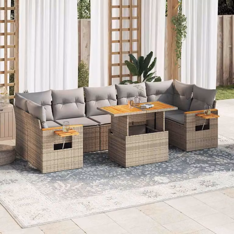 vidaXL Set Divano da Giardino 8 pz in Polyrattan e Legno di Acacia con Cuscini Beige e Grigio