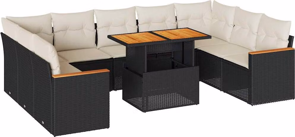 Set Divani Giardino 10pz con Cuscini Nero in Polyrattan Acacia