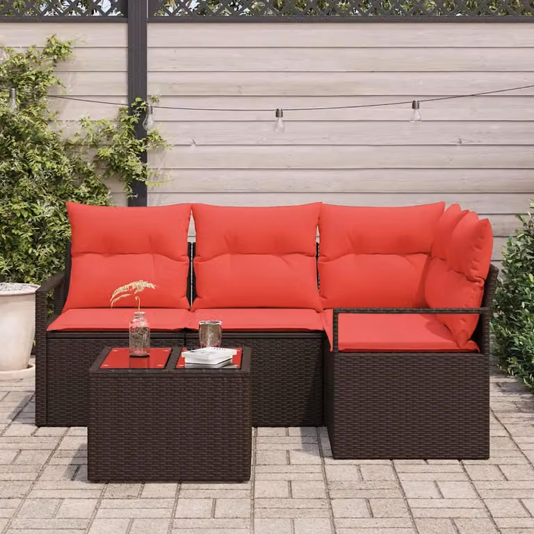 Set di divani da giardino vidaXL a forma di L in rattan marrone con cuscini e tavolino da caffè