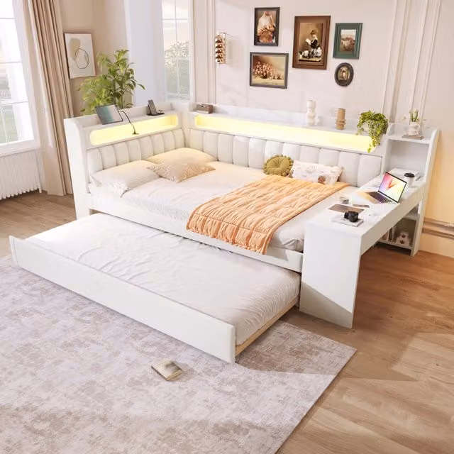 Letto matrimoniale 140 × 200 cm con estraibile 90 × 190 cm, scrivania, mensole, LED e USB, senza materasso, bianco