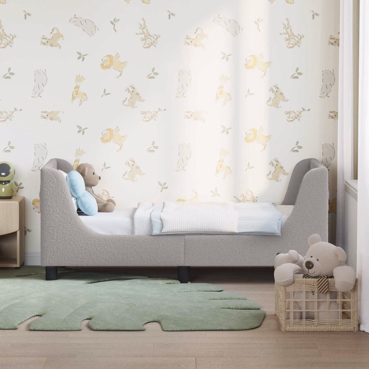 Struttura letto per bambini vidaXL con testata in tessuto bouclé grigio, L 140 x P 70 x H 60 cm – 1