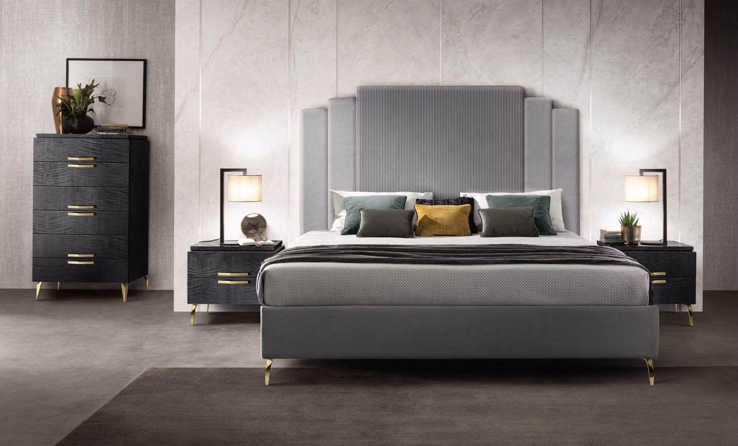 Set camera da letto 4 pezzi (letto + 2 comodini + cassettiera) – Pratico ed elegante