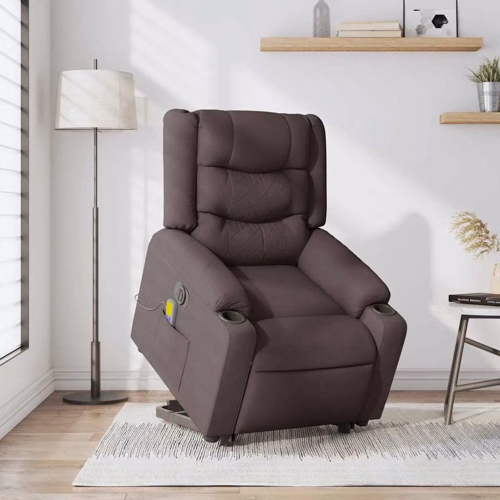 vidaXL Poltrona Alzapersona Massaggio Elettrica Marrone Scuro Tessuto