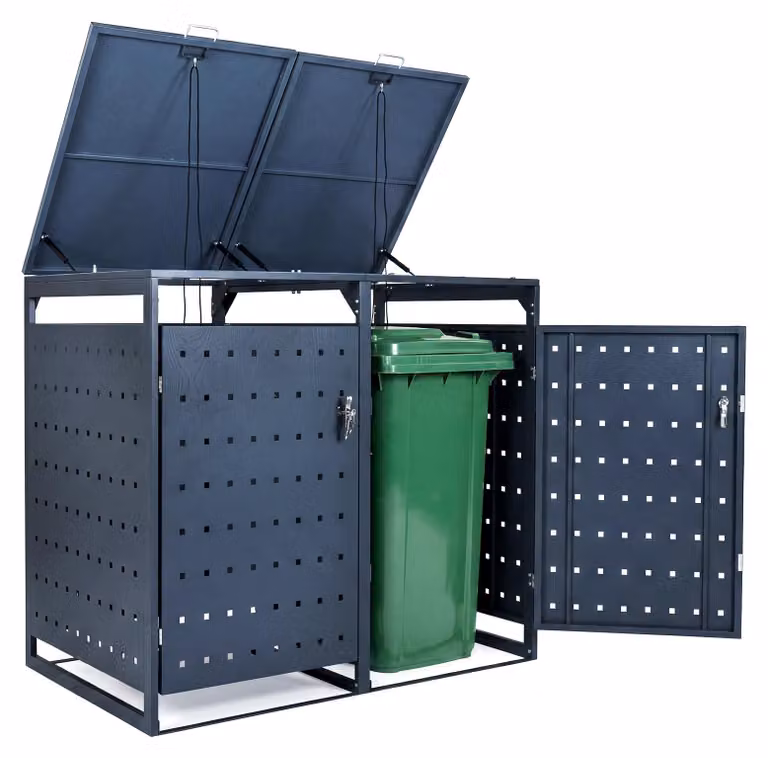 COSTWAY Box per bidoni della spazzatura doppio da 240 L, box in metallo per 2 bidoni della spazzatura, box con coperchio ribaltabile, porte chiudibili a chiave e 4 chiavi, per esterni, grigio