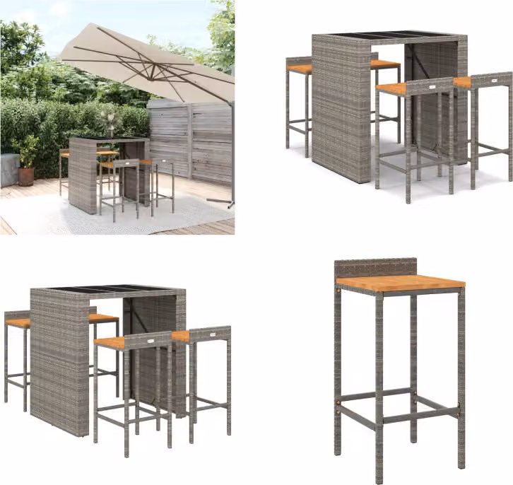 vidaXL Set bar da giardino 5 pezzi in poly rattan grigio e legno massiccio di acacia - Set bar da giardino - Set bar da giardino - Set bar da giardino - Bar da giardino