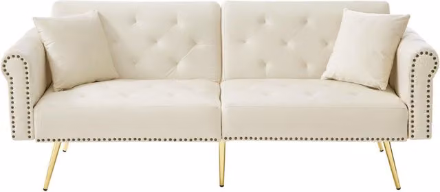 Divano letto ZR Home moderno in velluto beige con funzione notte, poggiatesta regolabile e cuscini inclusi, L: 173 cm, P: 75 cm, H: 70 cm