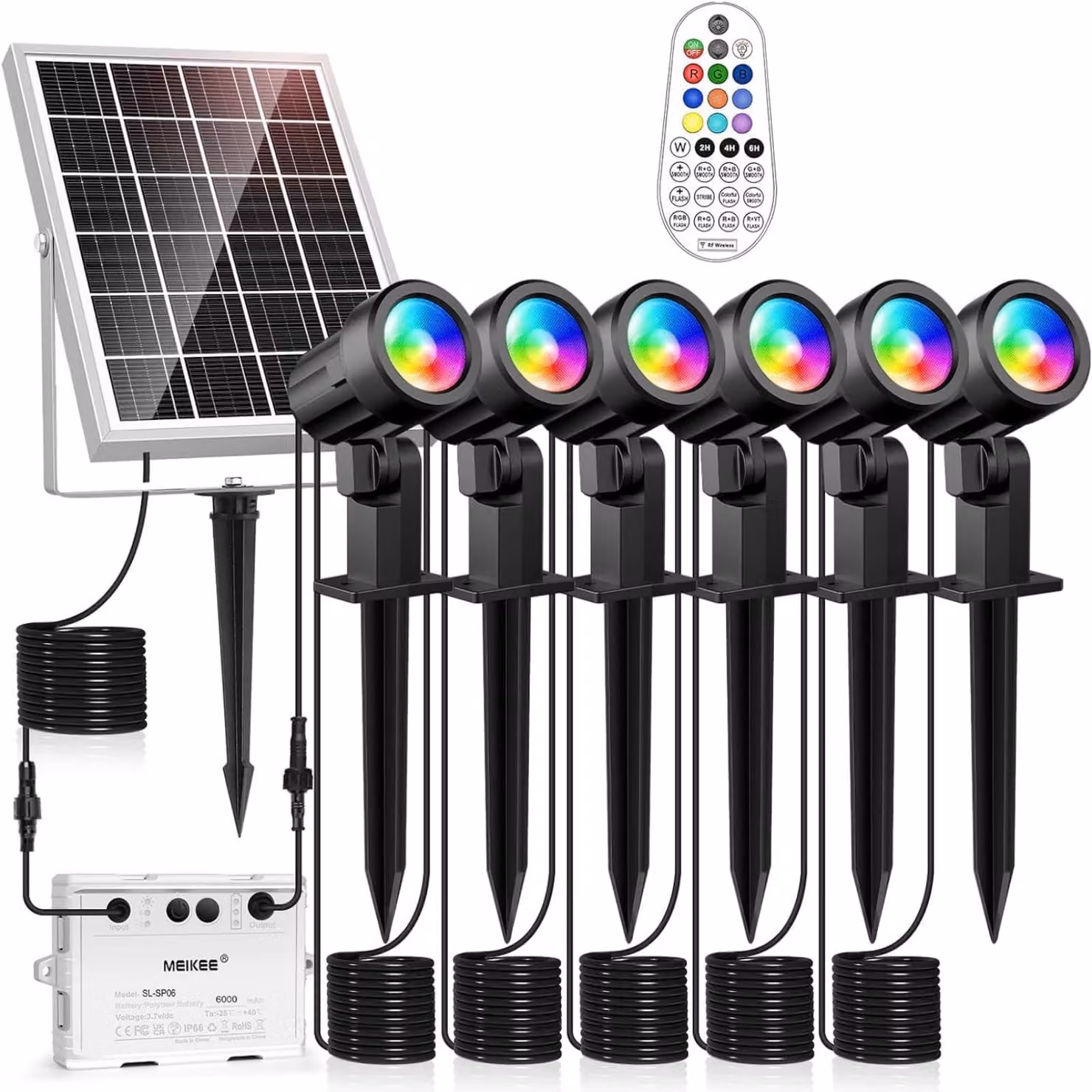 Set di 6 faretti solari RGB, 6W, 6000 lumen, grado di protezione IP66, con telecomando