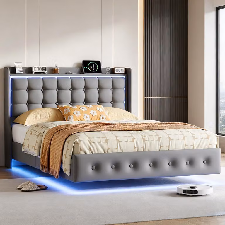 Letto imbottito INONEFT 140x200 con LED e USB/C, letti a molle con design sospeso, struttura per letto matrimoniale con rete a doghe, in velluto, grigio, senza materasso