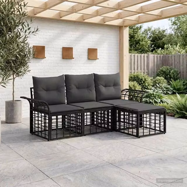 Set di divani da esterno 4 pz Nero e Grigio scuro Poliestere 3437675