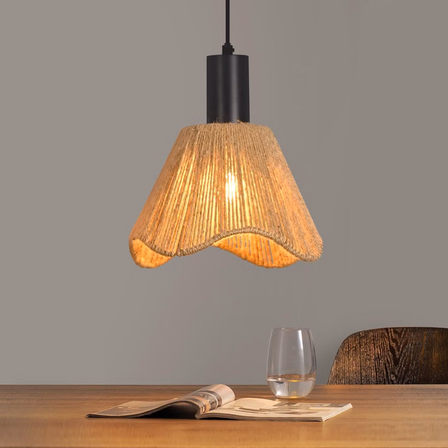 ZMH lampada a sospensione rattan 1 fiamma tavolo da pranzo lampada a sospensione intrecciata paralume corda di canapa E27 lampada a sospensione per camera da letto/senza lampadina