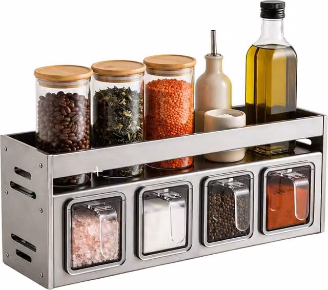 Organizer Avilia Home in Acciaio Color Argento con 4 Contenitori Estraibili e Ripiano Superiore L: 35 cm, P: 10,5 cm, H: 12 cm