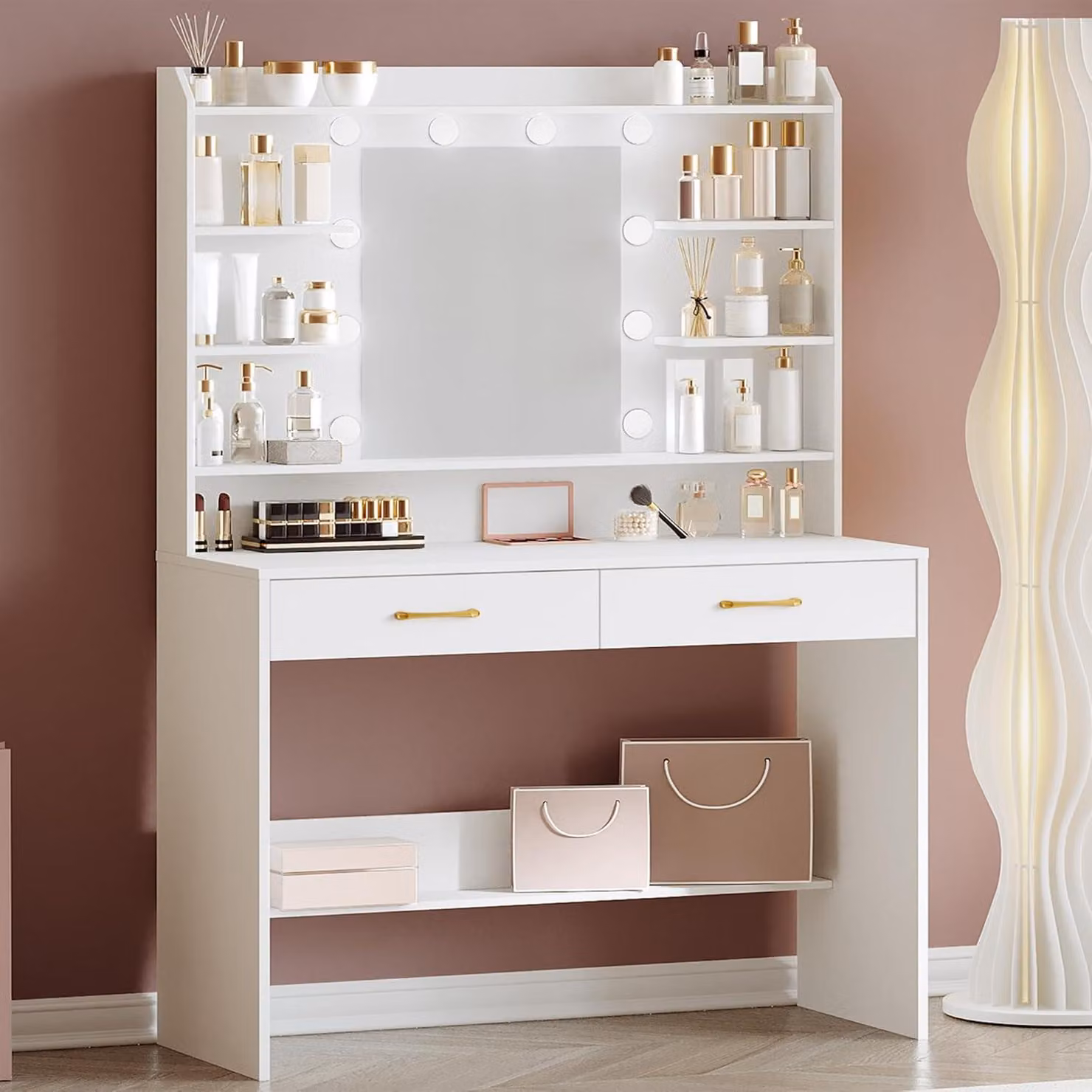 Comò da trucco con illuminazione a LED e specchio - Tavolino da trucco con 2 cassetti e vani aperti - 100 cm