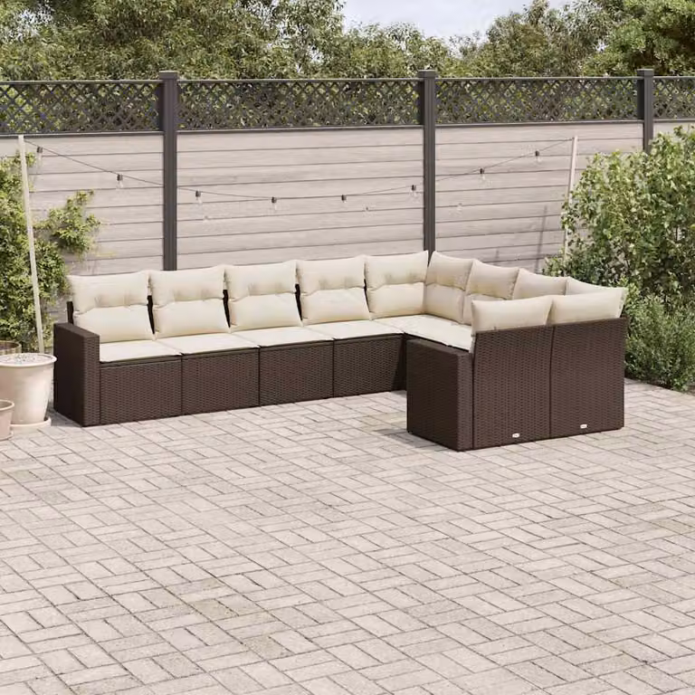 vidaXL Set Divani da Giardino a L 9pz in Polyrattan Marrone e Bianco con Cuscini Imbottiti e Rivestimenti Rimovibili
