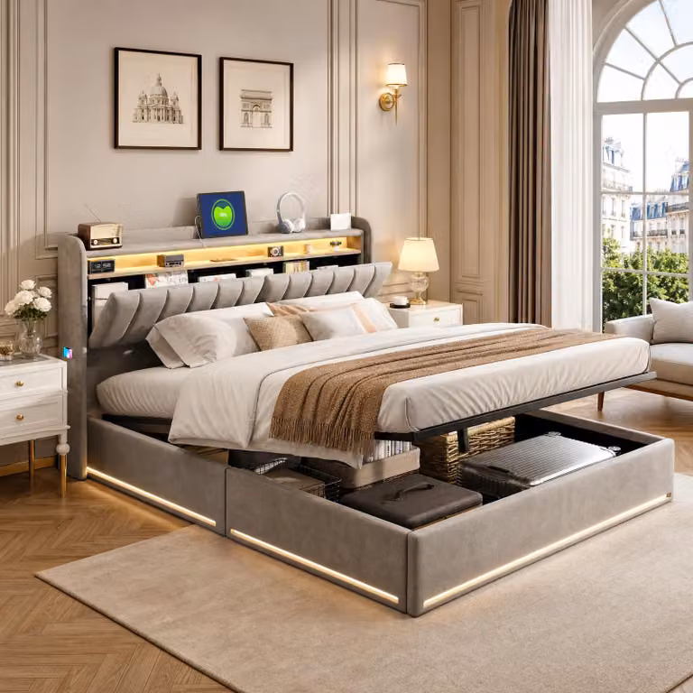 Letto imbottito INONEFT, 160 x 200 cm, letto per adulti con LED e USB, letto per adulti con rete a doghe e spazio contenitore, letto matrimoniale, in velluto, grigio, senza materasso