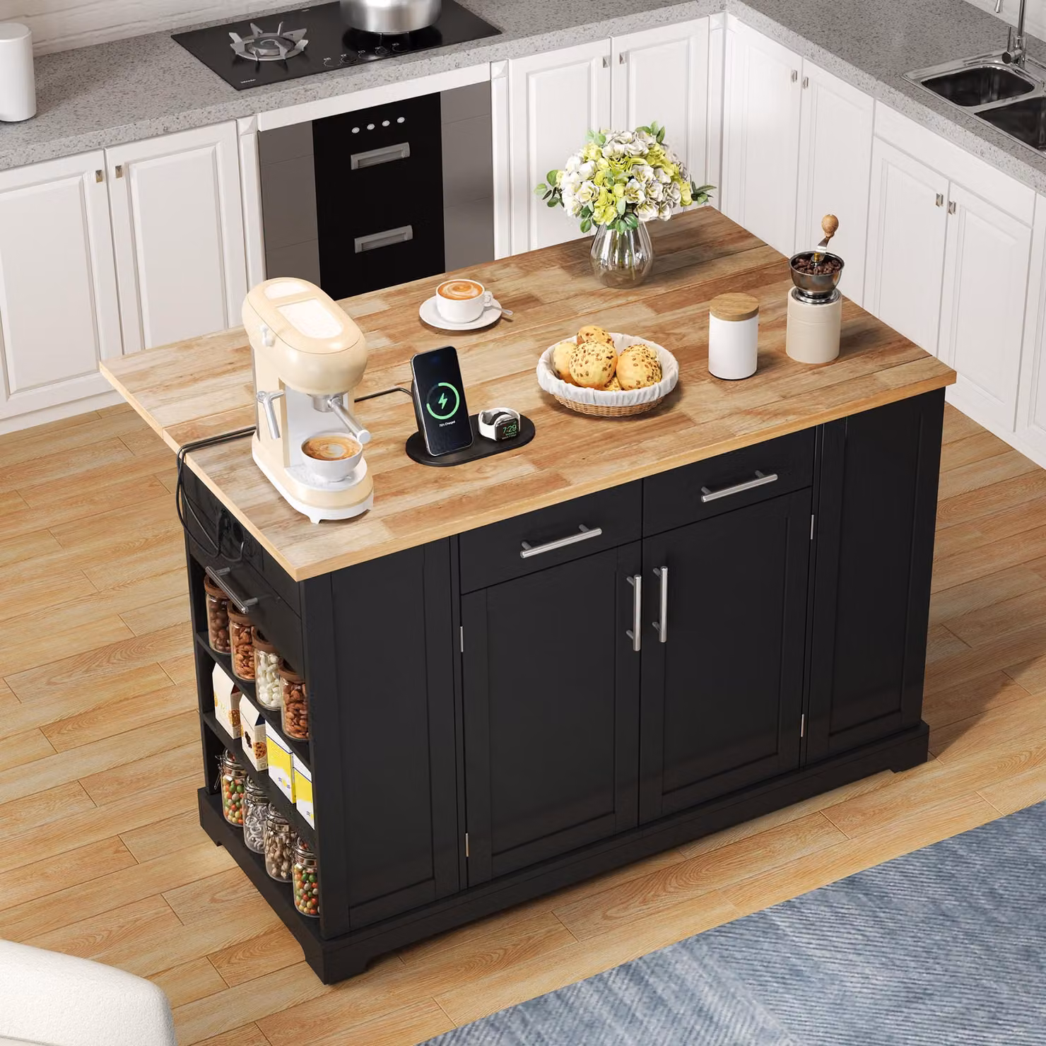 Isola da cucina STILVORA con piano di lavoro ribaltabile e contenitore per i rifiuti estraibile, carrello da cucina con rotelle silenziose, presa UE, USB e Type-C, mobile da cucina con ripiani regolabili, nero effetto legno
