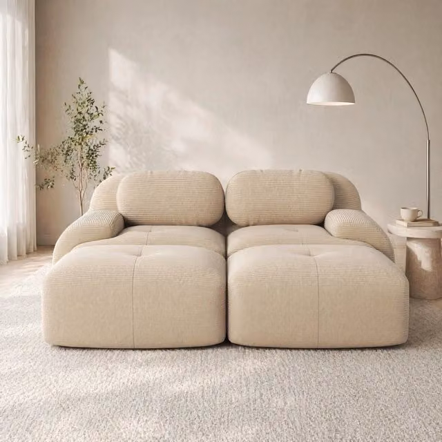 Divano angolare modulare in velluto a coste beige, senza telaio, con schiuma elastica 32D