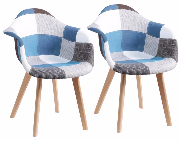 Set di 2 sedie da pranzo in stile nordico - sedie imbottite rivestite in tessuto - design moderno patchwork - con braccioli - seduta imbottita - colore blu