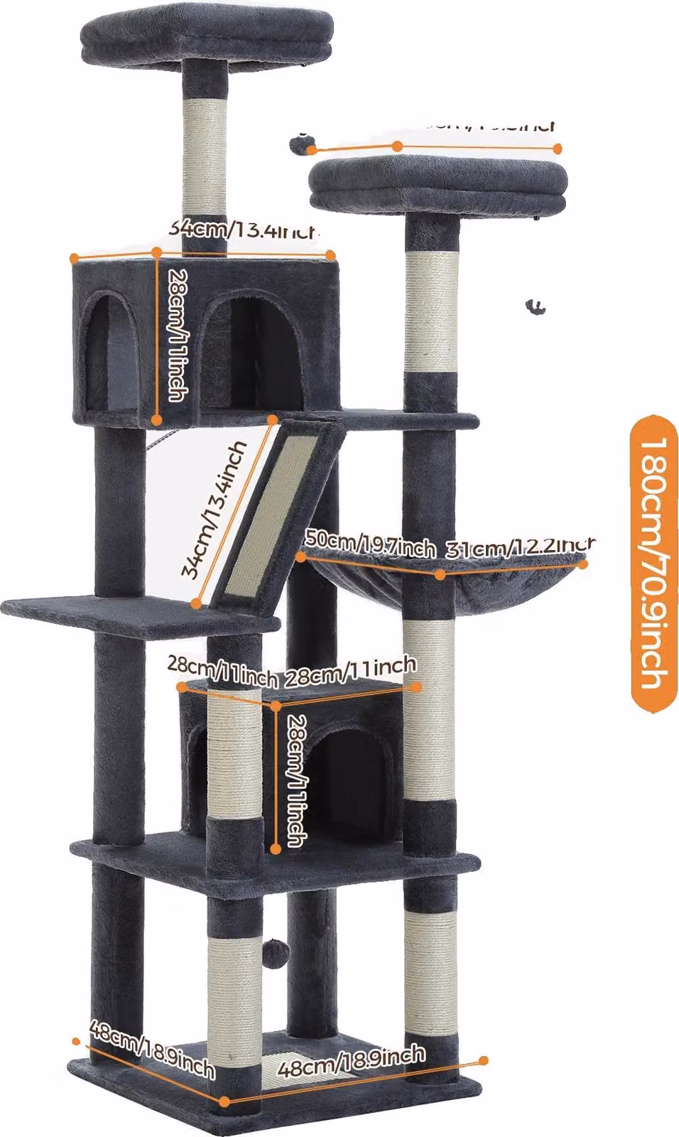 Torre per gatti, design multilivello, amaca accogliente, AMT0239DGY, XL