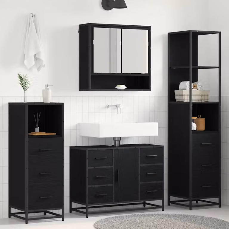 Set di mobili per il bagno moderno vidaXL in 3 pezzi, Rovere e Nero, L/P/H: 35 x 37,5 x 166 cm
