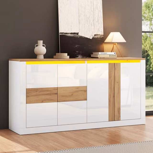 Credenza e madia LED con 4 ante e ripiani regolabili, bianca lucida e rovere, per soggiorno, 140 × 35 × 70 cm
