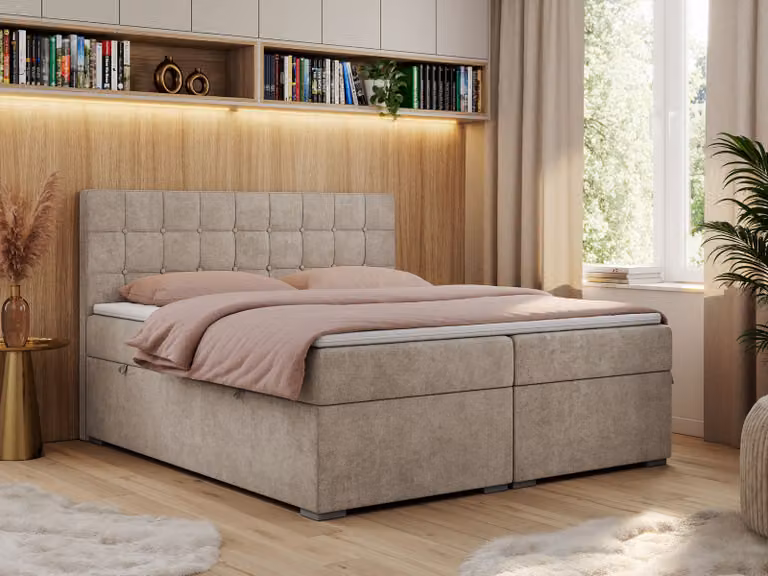 Letto con rete a molle, letto matrimoniale, letto imbottito con poggiatesta, contenitore per biancheria - CARMEN - 180x200 - Beige - Struttura - H4