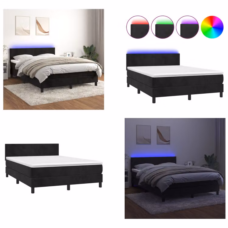 vidaXL Letto a molle con materasso e LED nero 140x200 cm in velluto - Letto a molle - Boxspringbetten - Bett - Betten