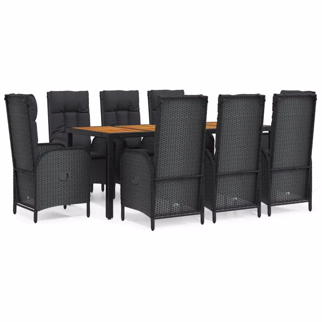 Set da Pranzo da Giardino 9 pz con Cuscini Nero in Polyrattan